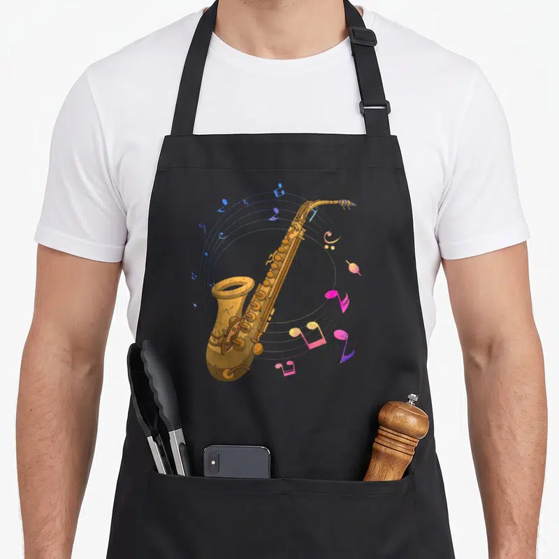 Tablier de cuisine noir avec illustration de saxophone doré et notes de musique colorées en spirale autour de l'instrument.