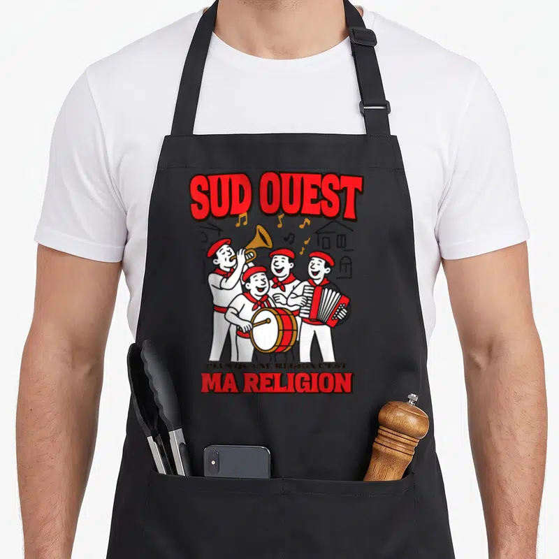 Tablier de cuisine noir avec quatre musiciens en tenue rouge et blanc jouant d'instruments traditionnels sous le texte Sud Ouest Ma Religion.