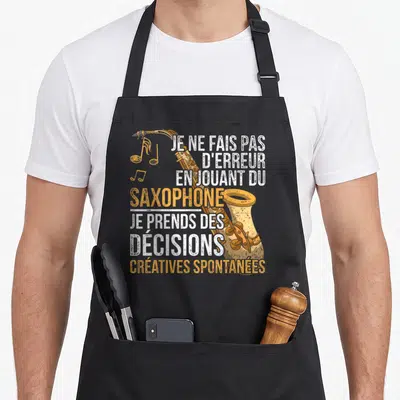 Tablier de cuisine noir avec illustration de saxophone doré et texte blanc et orange sur fond uni.