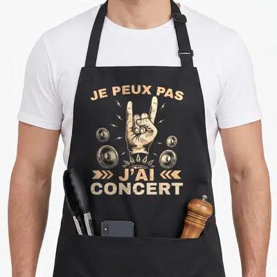 Tablier de cuisine noir avec main et texte Je peux pas j'ai concert en orange vintage.