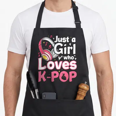 Tablier de cuisine noir avec illustration rose Just a Girl who Loves K-POP et casque audio.