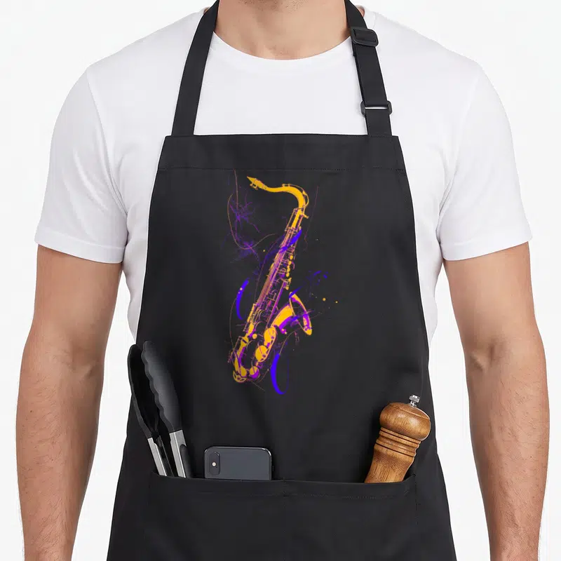 Tablier de cuisine noir avec illustration colorée d'un saxophone jaune et violet au style esquisse dynamique.