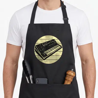 Tablier de cuisine noir avec illustration circulaire d'un synthétiseur vintage sur fond nuageux jaune pâle.
