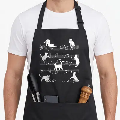 Tablier de cuisine noir avec des chats blancs jouant du violon et du piano sur des notes de musique.