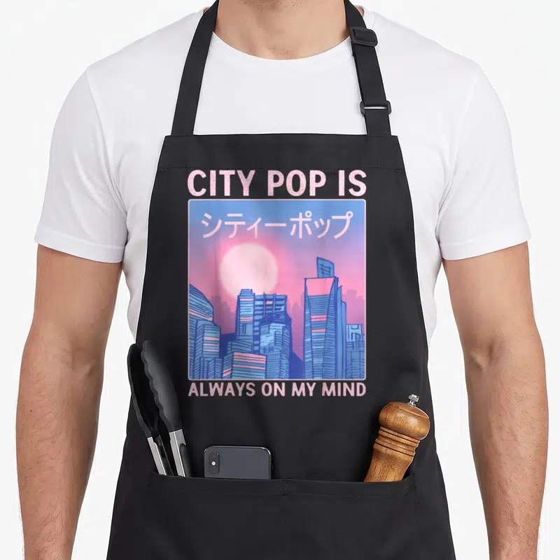 Tablier de cuisine noir avec illustration vaporwave rose et bleue représentant un skyline urbain japonais sous un soleil couchant.