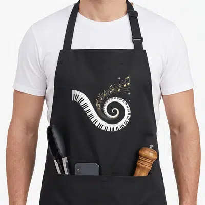 Tablier de cuisine noir avec un clavier en spirale, une clé de sol dorée et des notes de musique.