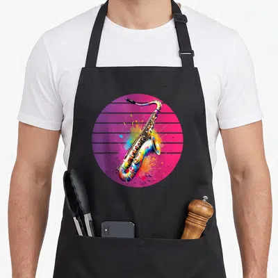 Tablier de cuisine noir avec illustration circulaire d'un saxophone aux couleurs vives et éclaboussures de peinture sur fond dégradé.