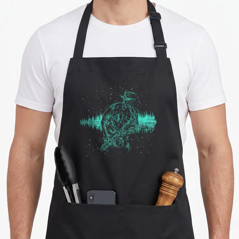 Tablier de cuisine noir avec illustration turquoise d'un musicien au saxophone et vague sonore.