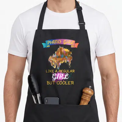 Tablier de cuisine noir avec illustration de piano coloré et texte Piano Girl Like a Regular Girl But Cooler