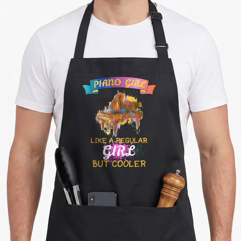 Tablier de cuisine noir avec illustration de piano coloré et texte Piano Girl Like a Regular Girl But Cooler