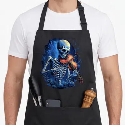 Tablier de cuisine noir avec un squelette jouant du violon entouré de roses bleues et de fumée.