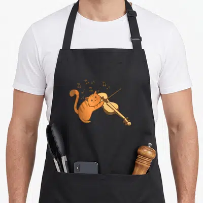 Tablier de cuisine noir avec un chat tigré jouant du violon et des notes de musique flottantes.