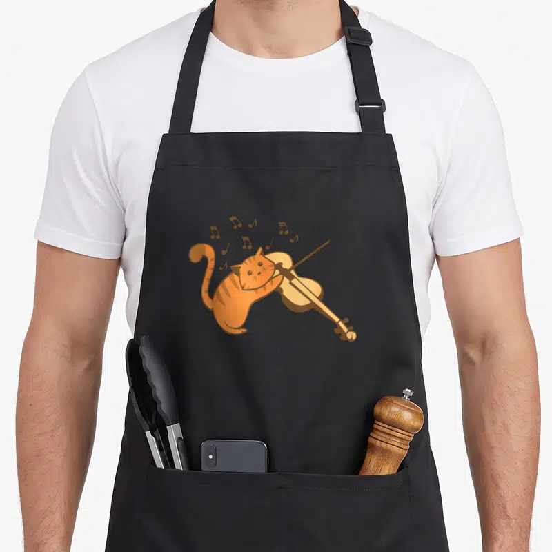 Tablier de cuisine noir avec un chat tigré jouant du violon et des notes de musique flottantes.