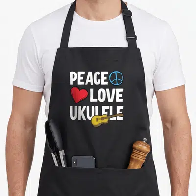 Tablier de cuisine noir avec inscription Peace Love Ukulele, cœur rouge, symbole de paix et ukulélé jaune.