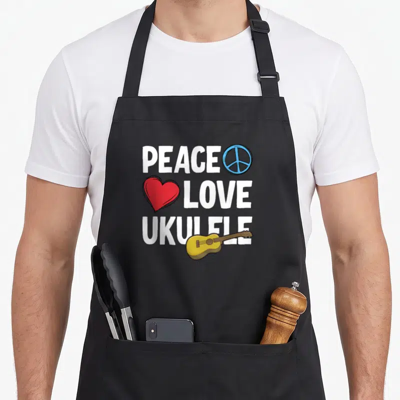 Tablier de cuisine noir avec inscription Peace Love Ukulele, cœur rouge, symbole de paix et ukulélé jaune.