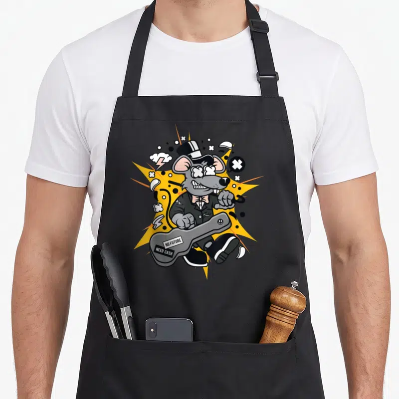 Tablier de cuisine noir avec illustration d'un rat musicien en costume tenant une guitare gris ornée de texte blanc.
