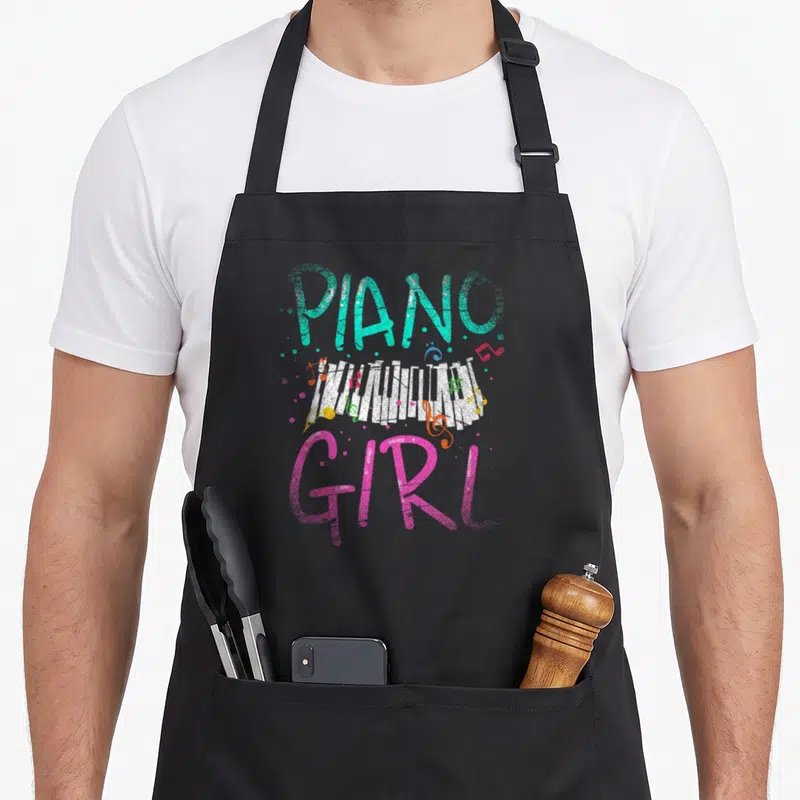 Tablier de cuisine noir avec inscription Piano Girl et claviers illustrés multicolores.