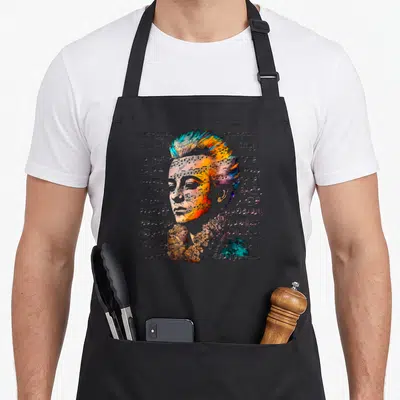 Tablier de cuisine noir avec portrait artistique de Wolfgang Amadeus Compositeur et notes de musique colorées.