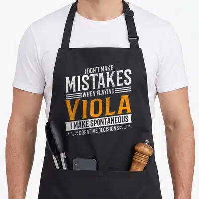 Tablier de cuisine noir avec un texte humoristique blanc et orange sur le jeu de l'alto et les décisions créatives spontannées.
