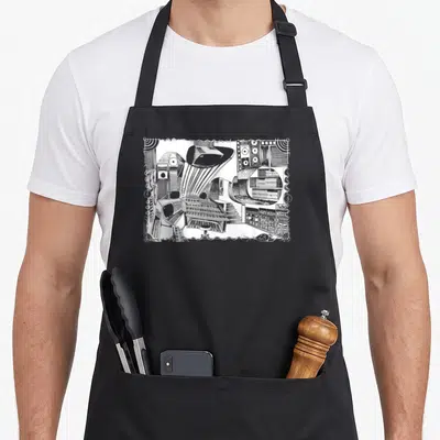 Tablier de cuisine noir avec illustration blanche détaillée d'un studio musical et d'équipements audio complexes.