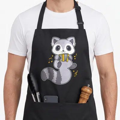 Tablier de cuisine noir avec un raton laveur kawaii jouant de l'accordéon jaune entouré de notes musicales dorées.