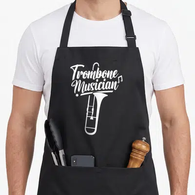 Tablier de cuisine noir avec illustration blanche d'un trombone et du texte Trombone Musician en calligraphie.