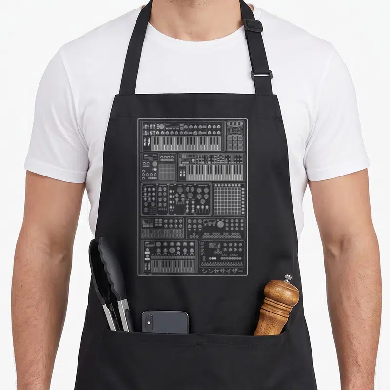 Tablier de cuisine noir avec un schéma blanc détaillé représentant un synthétiseur électronique complexe et ses multiples commandes.
