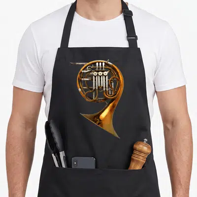 Tablier de cuisine noir avec illustration réaliste d'un double cor en bronze et silver.