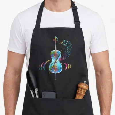 Tablier de cuisine noir avec illustration d'un violoncelle multicolore et des notes de musique s'envolant vers la droite.