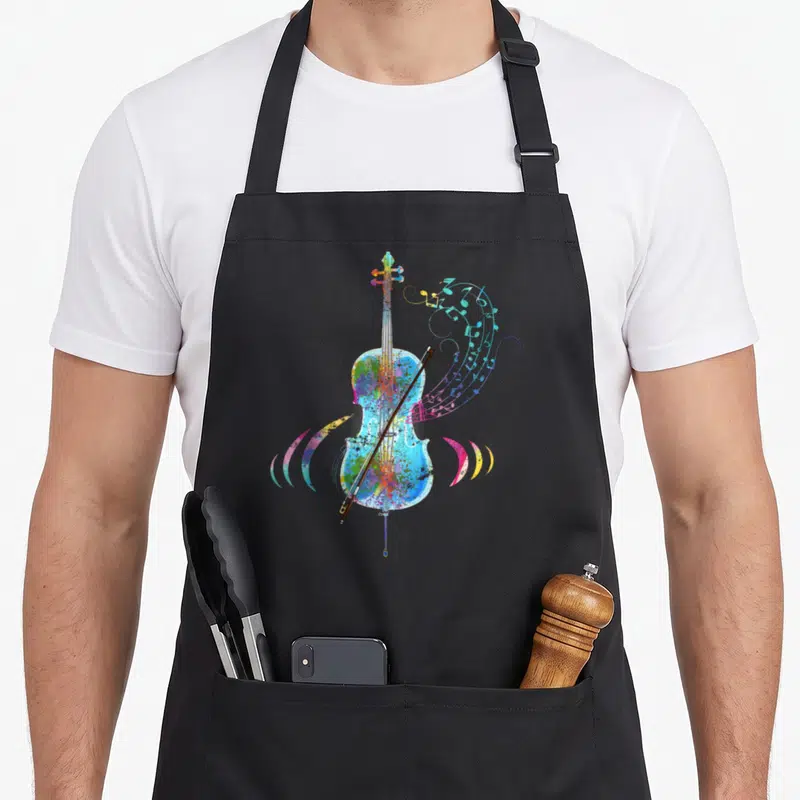 Tablier de cuisine noir avec illustration d'un violoncelle multicolore et des notes de musique s'envolant vers la droite.