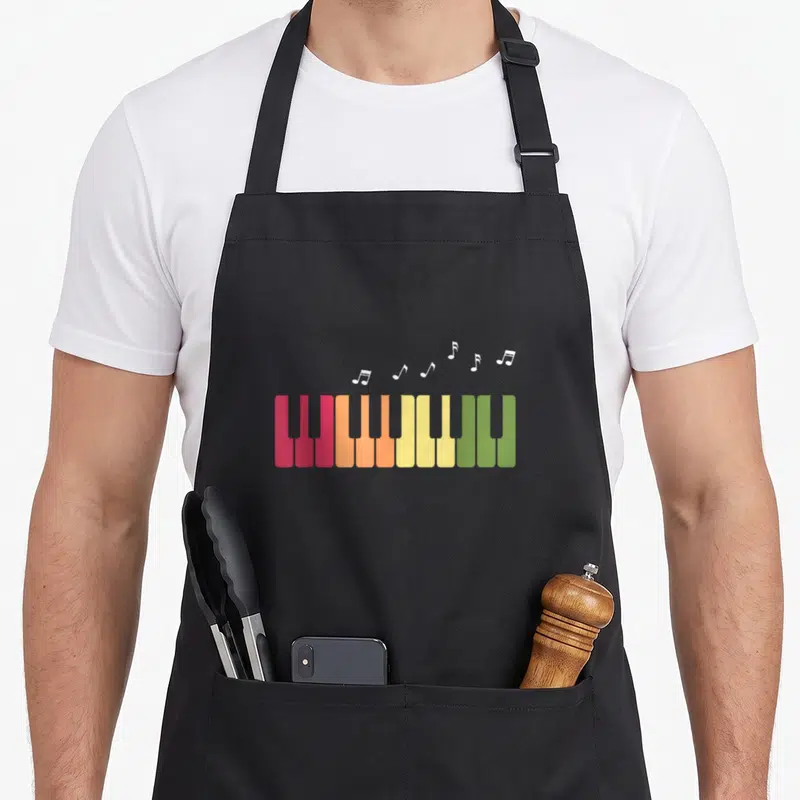 Tablier de cuisine noir avec un clavier de piano aux touches roses oranges jaunes et vertes surmonté de notes blanches.