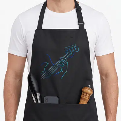 Tablier de cuisine noir avec une illustration stylisée d'une main jouant de la basse électrique en lignes lumineuses bleues.