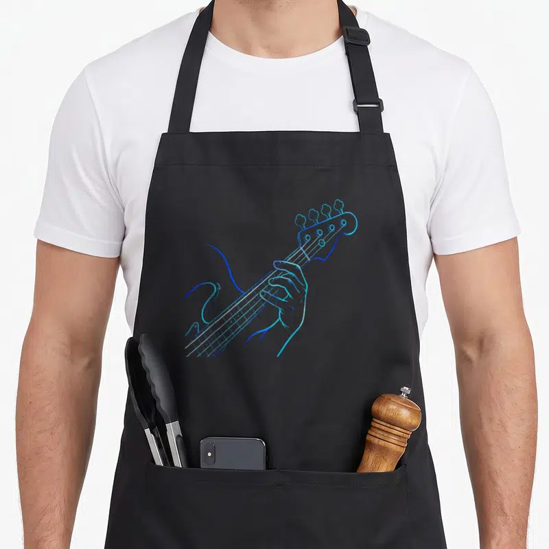 Tablier de cuisine noir avec une illustration stylisée d'une main jouant de la basse électrique en lignes lumineuses bleues.