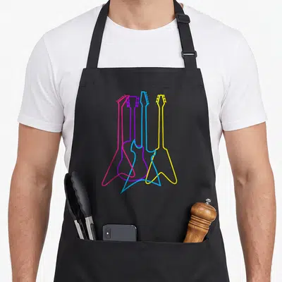 Tablier de cuisine noir avec quatre guitares stylisées aux contours roses, violet, bleu et jaune superposés.