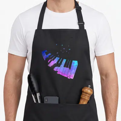 Tablier de cuisine noir avec un clavier de piano aux couleurs violettes et bleues ainsi que des notes de musique flottantes au-dessus.