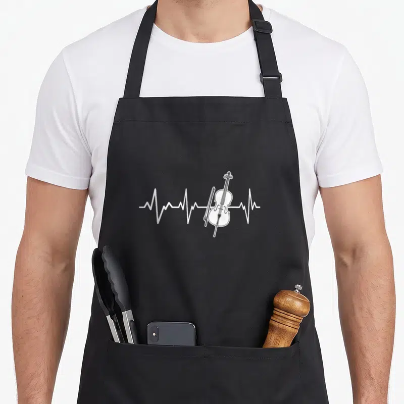 Tablier de cuisine noir avec un violoncelle et une ligne de battement de cœur en blanc.