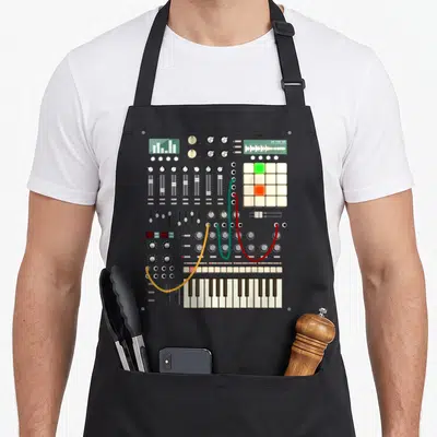 Tablier de cuisine noir avec illustration détaillée d'un synthétiseur modulaire incluant claviers et câbles de patchage.