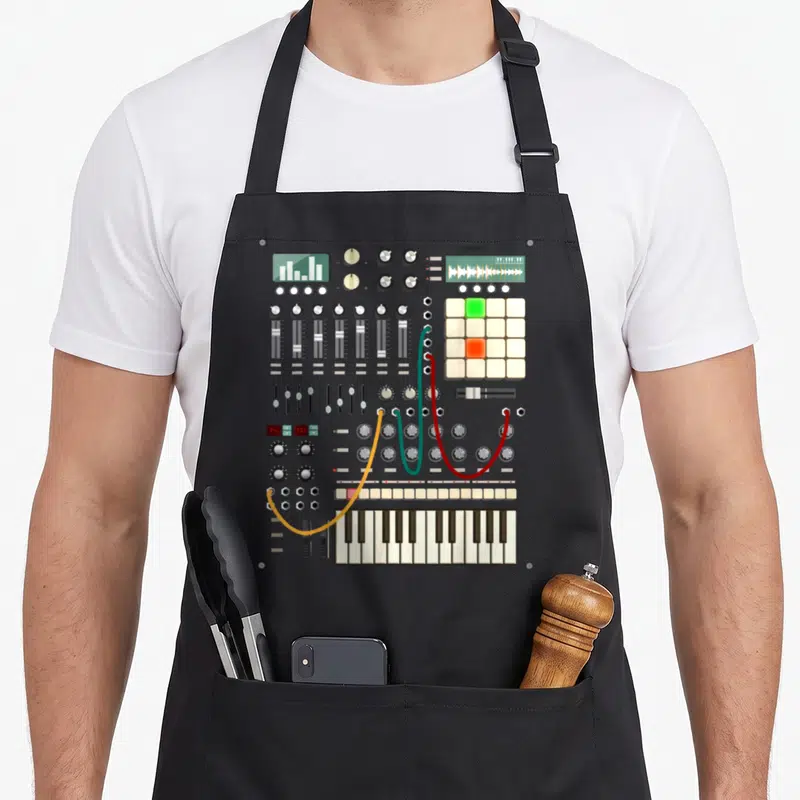 Tablier de cuisine noir avec illustration détaillée d'un synthétiseur modulaire incluant claviers et câbles de patchage.
