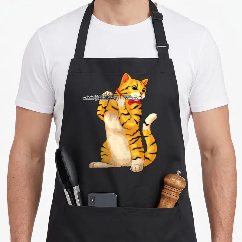 Tablier de cuisine noir avec un chat tigré jouant de la flûte et portant une cravate papillon rouge.