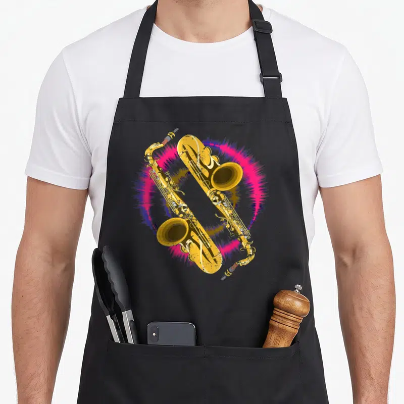 Tablier de cuisine noir avec deux saxophones dorés croisés sur des ondes sonores colorées.