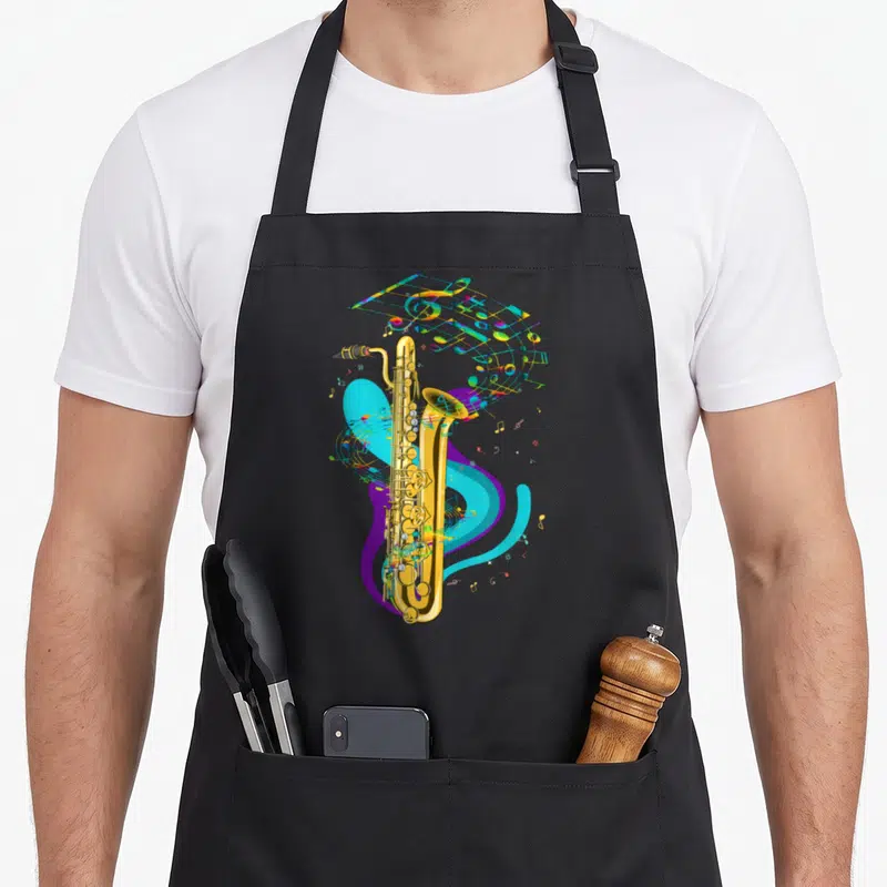 Tablier de cuisine noir avec illustration d'un saxophone doré et de notes musicales multicolores s'envolant en spirale.
