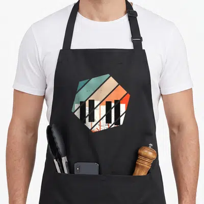 Tablier de cuisine noir avec illustration géométrique de clavier de piano vintage multicolore
