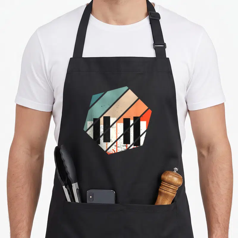 Tablier de cuisine noir avec illustration géométrique de clavier de piano vintage multicolore