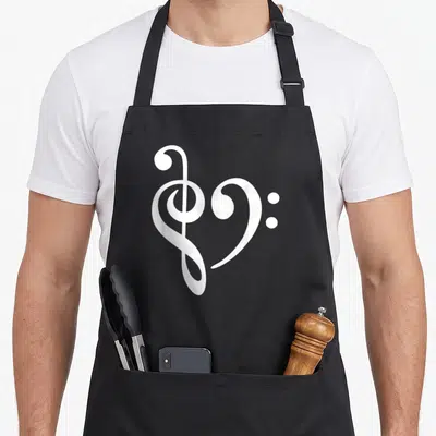 Tablier de cuisine noir avec une illustration blanche représentant une clef de sol et une clef de fa formant un cœur stylisé.