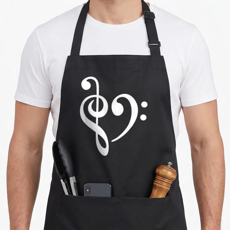 Tablier de cuisine noir avec une illustration blanche représentant une clef de sol et une clef de fa formant un cœur stylisé.