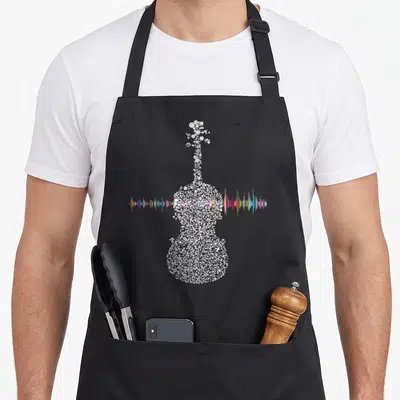 Tablier de cuisine noir avec illustration pointilliste de violoncelle et onde sonore multicolore traversant le motif central.