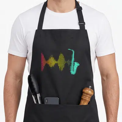 Tablier de cuisine noir avec illustration de saxophone turquoise et vagues sonores pointillistes rouges et jaunes.