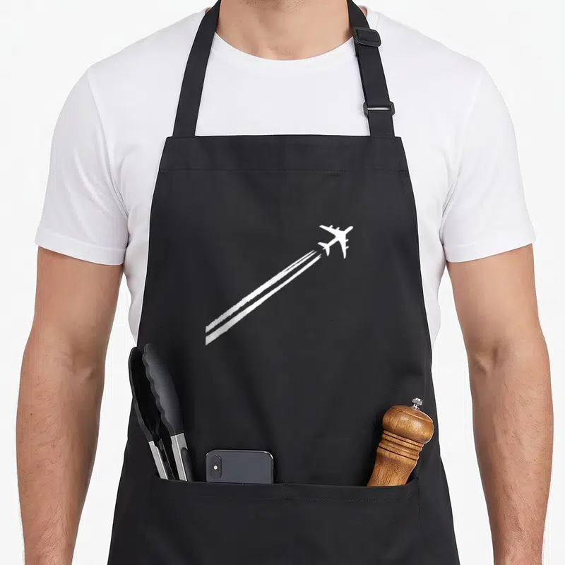 Tablier de cuisine noir avec silhouette blanche d'avion laissant trois traînées de condensation diagonales vers le haut à droite.