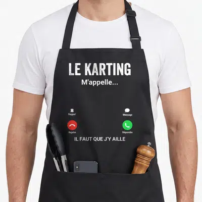 Tablier de cuisine noir avec une interface d'appel téléphonique blanche et verte sur fond sombre.