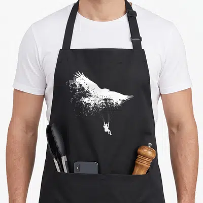 Tablier de cuisine noir avec silhouette blanche d'un sauteur suspendu à une voile d'oiseau stylisée.